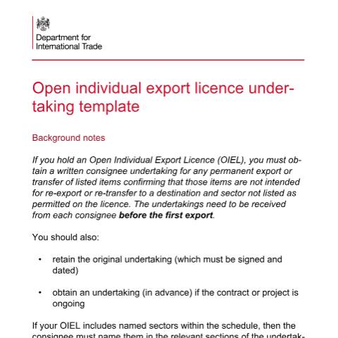 Document preview: Open individual export licence (OIEL) undertaking template — Export Control Joint Unit, Department for International Trade, Department for Business and Trade, United Kingdom